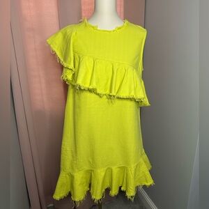 EUC ASOS Textured Ruffle Chartreuse Dress Raw Edge BONUS Matching J. Crew Clutch